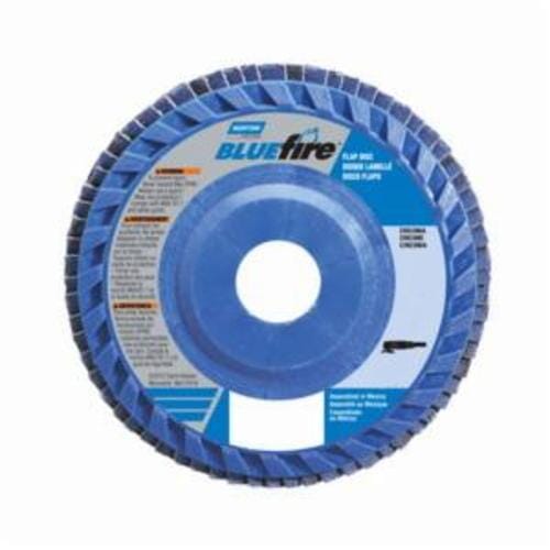 Norton® BlueFire® 66623399142 R884P Center Mount Quick-Trim Standard Density Coated Abrasive Flap Disc, 4-1/2 in Dia, 7/8 in Center Hole, P60 Grit, Coarse Grade, Zirconia Alumina Plus Abrasive, Type 27 Flat Disc